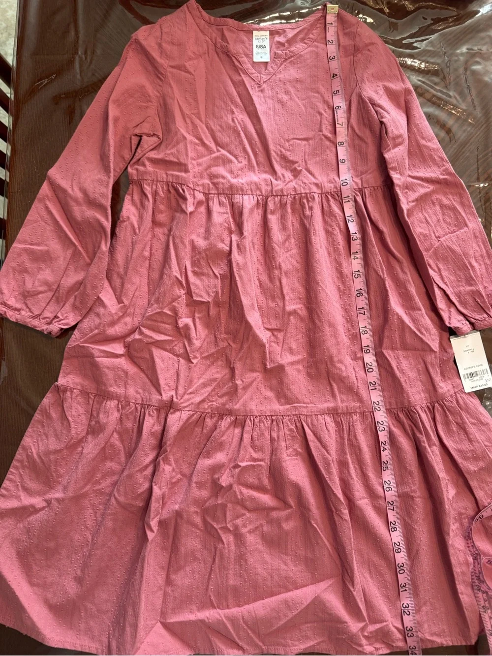 Carter's NWT Girl Rose Pink Long Sleeve Tiered Midi Dress Lightweight Cotton Sz8